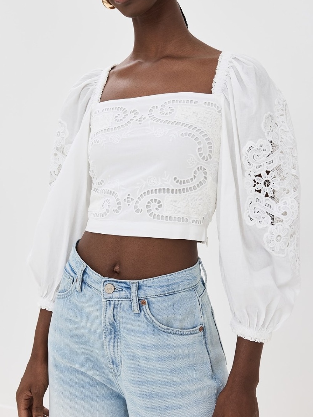 Farm Rio Lace Cropped Blouse Top in White